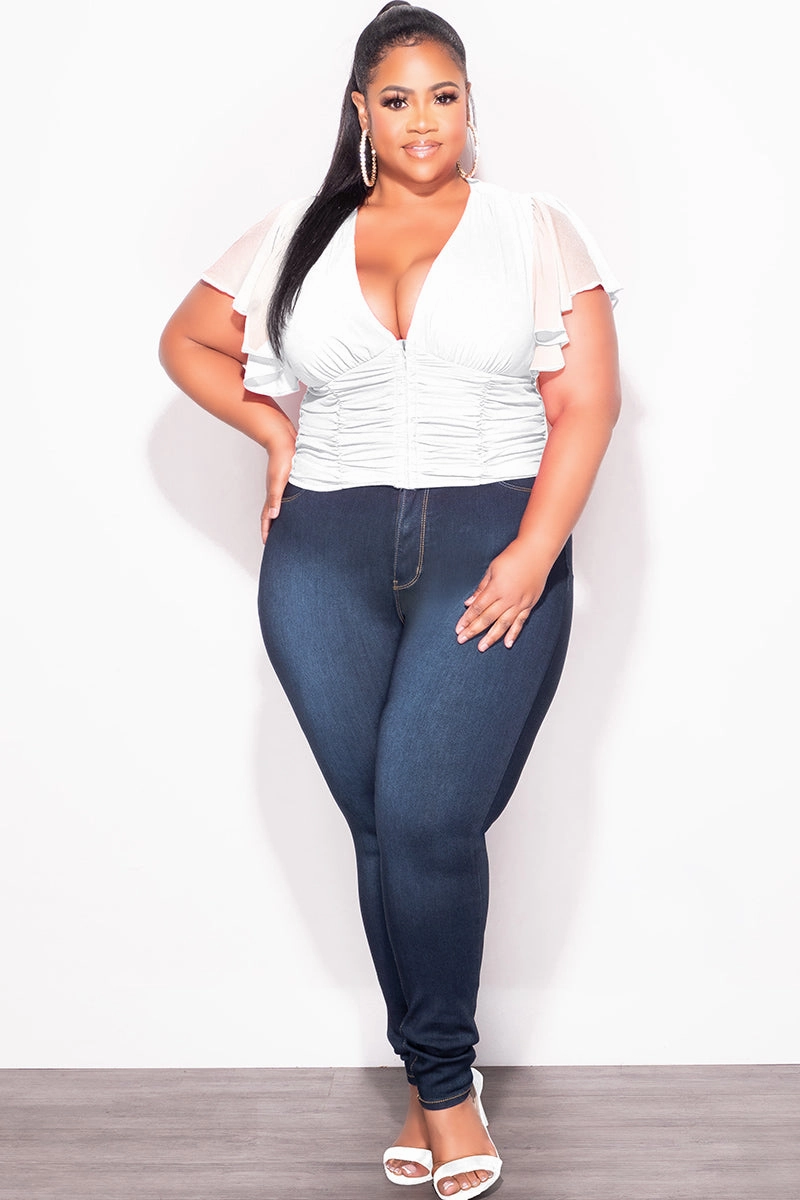 Final Sale Plus Size Chiffon Ruched Corset Blouse with Flutter Sleeves in White Modern Waist