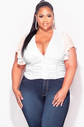 Relaxed Look TouchscreenCompatiblePockets Final Sale Plus Size Chiffon Ruched Corset Blouse with Flutter Sleeves in White