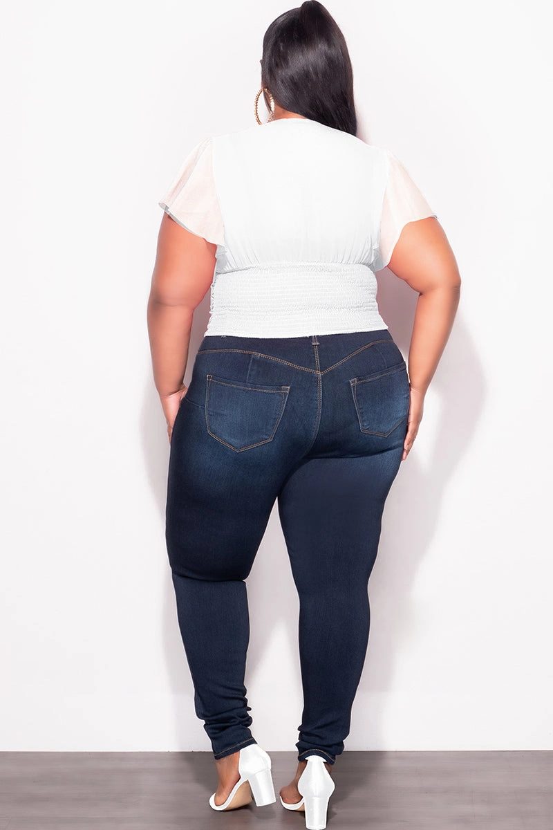 Final Sale Plus Size Chiffon Ruched Corset Blouse with Flutter Sleeves in White Odor control