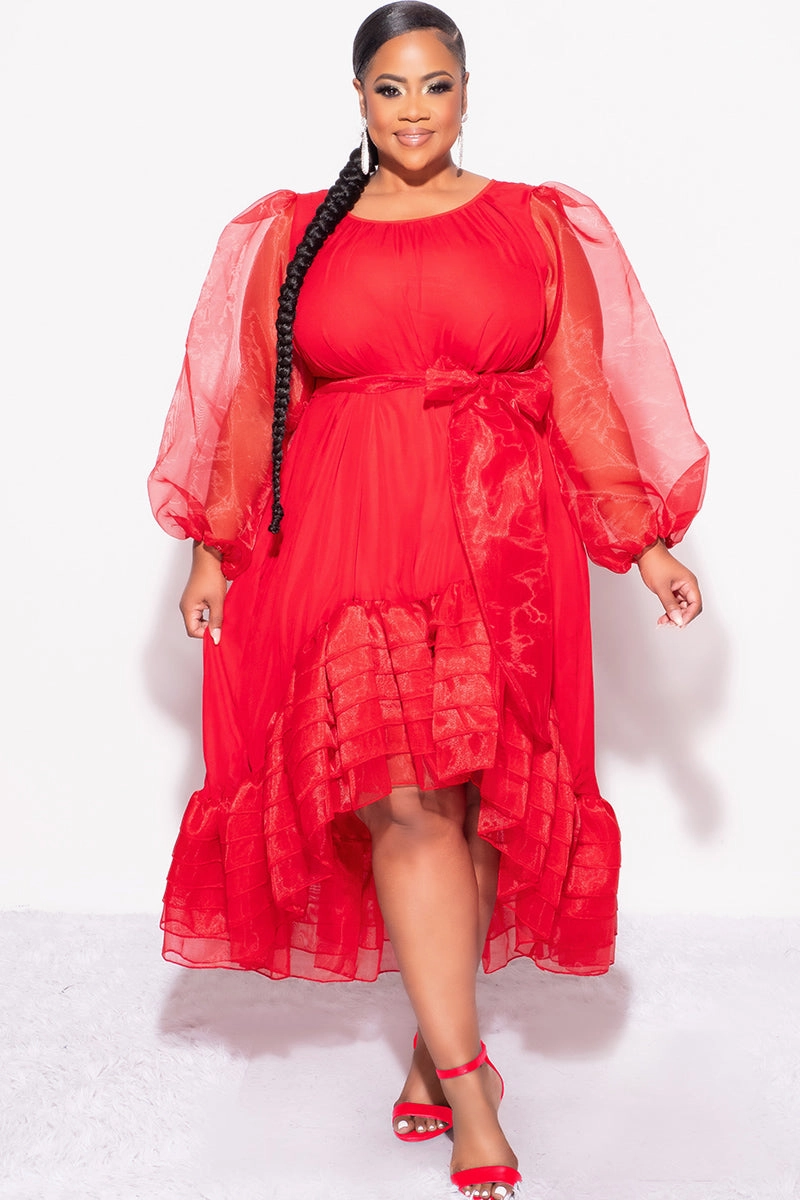 Final Sale Plus Size Chiffon Ruffle Highlow Dress with Tie in Red Adjustable Collar System