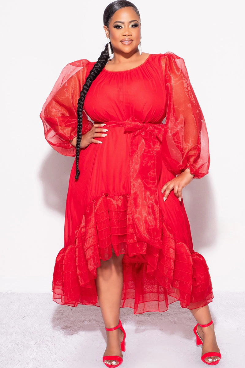 LoopwheelFabric Final Sale Plus Size Chiffon Ruffle Highlow Dress with Tie in Red