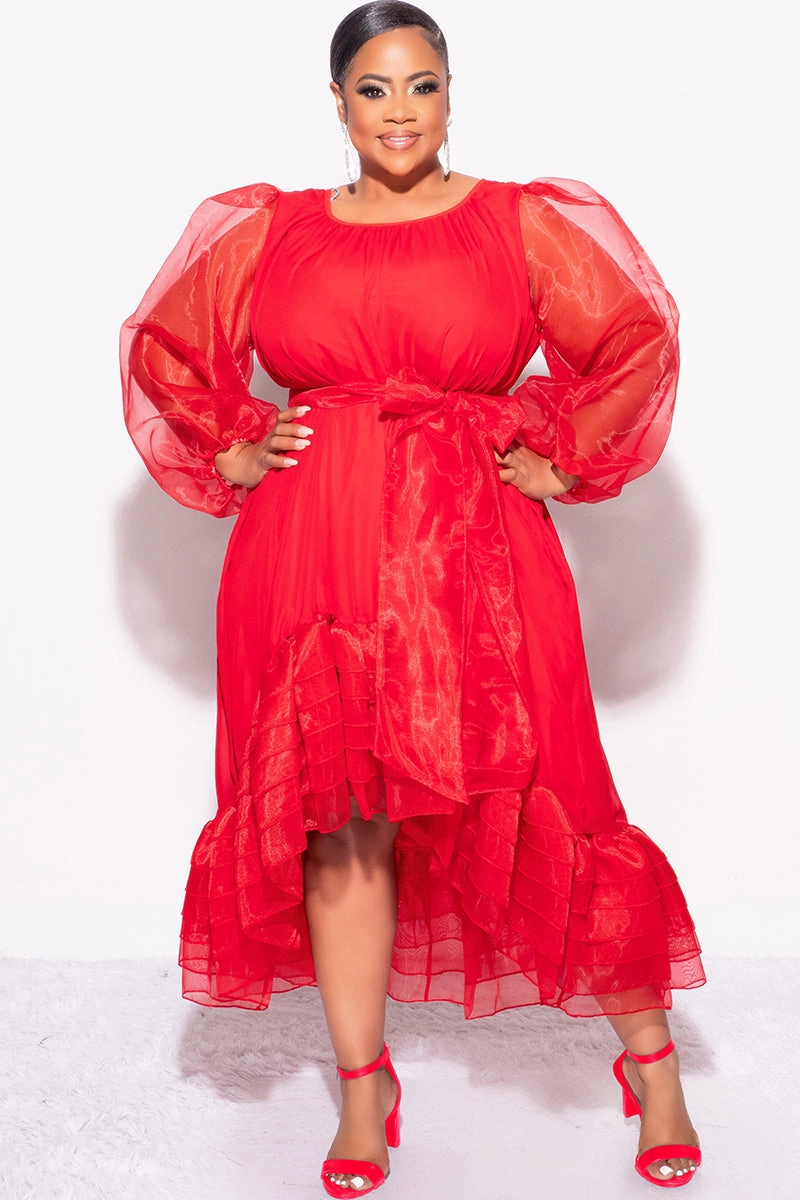 Elastic Edge Binding Final Sale Plus Size Chiffon Ruffle Highlow Dress with Tie in Red