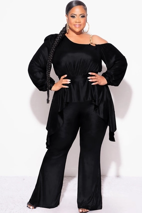 Casual Sweater High Neck Design Final Sale Plus Size Cold Shoulder with Gold Chain & Asymmetrical Ruffle Peplum Jumpsuit in Black