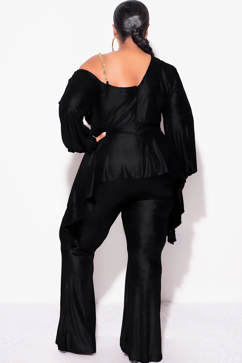 Sun Protection Fabric Final Sale Plus Size Cold Shoulder with Gold Chain & Asymmetrical Ruffle Peplum Jumpsuit in Black