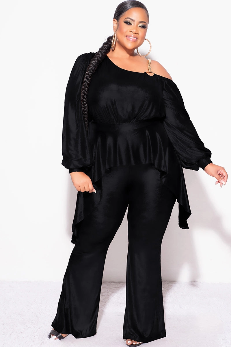 Stretchable Waistband Final Sale Plus Size Cold Shoulder with Gold Chain & Asymmetrical Ruffle Peplum Jumpsuit in Black