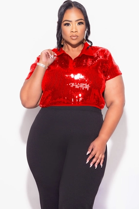 Final Sale Plus Size Collar Sequin Top in Red Overlock Edging
