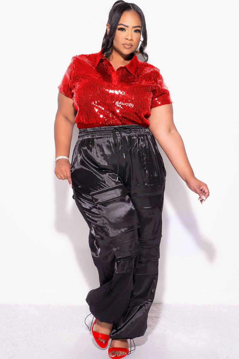 Low Profile Collar Final Sale Plus Size Collar Sequin Top in Red