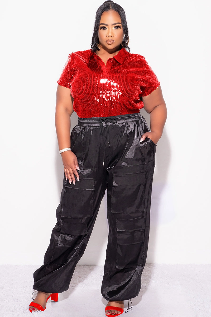 Final Sale Plus Size Collar Sequin Top in Red Quick-Dry