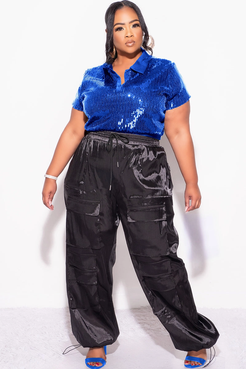 Durable Stitch Pattern Final Sale Plus Size Collar Sequin Top in Royal Blue