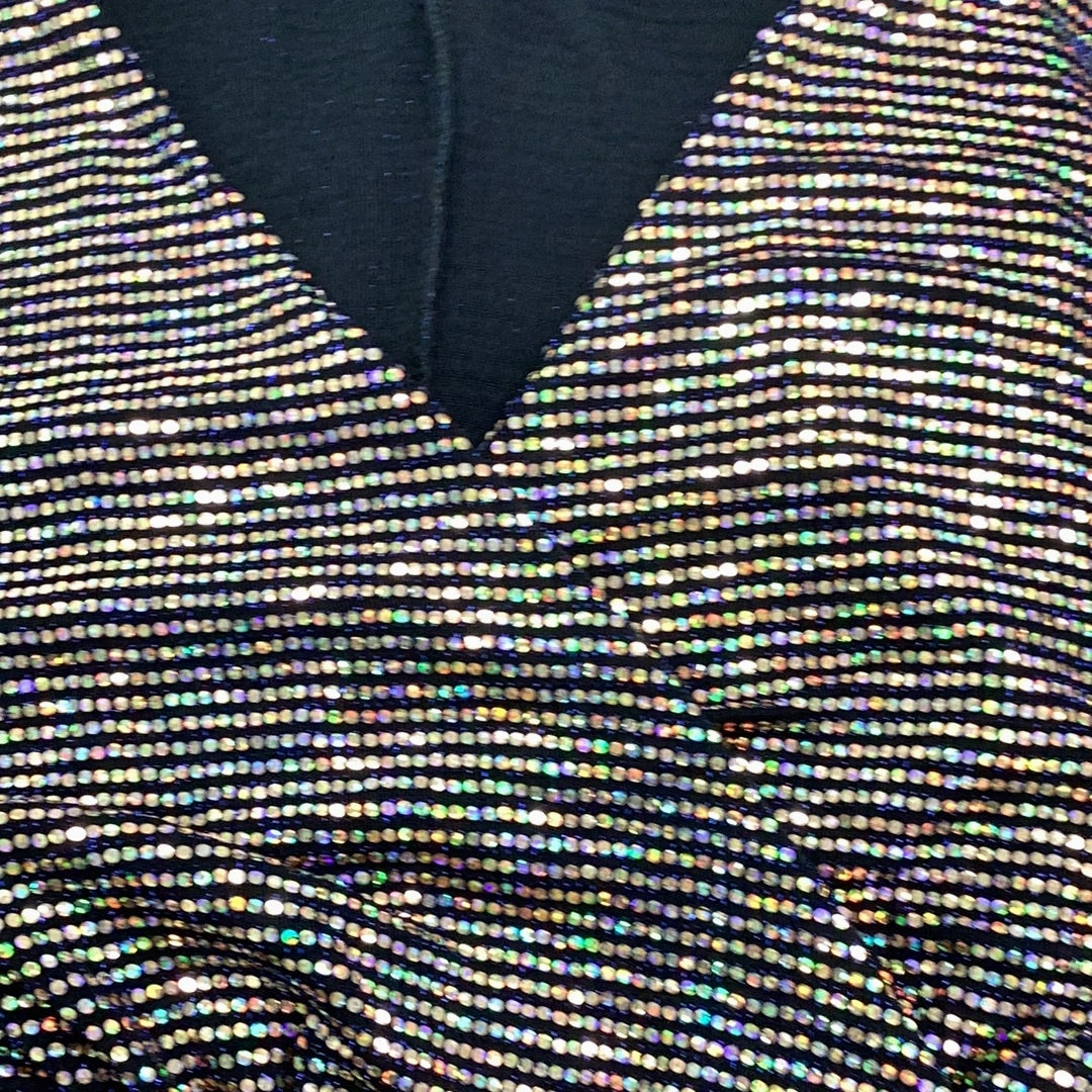 Final Sale Plus Size Confetti Dot Knit Sequin Faux Wrap Gown With Front Slit In Gold with Black Background SoftBrushed Lightweight Weave Material