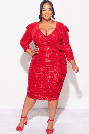 Shrinkage Prevention Treatment Final Sale Plus Size Confetti Dot Knit Sequin Long Sleeve Faux Wrap Sequin Ruched BodyCon Dress in Red