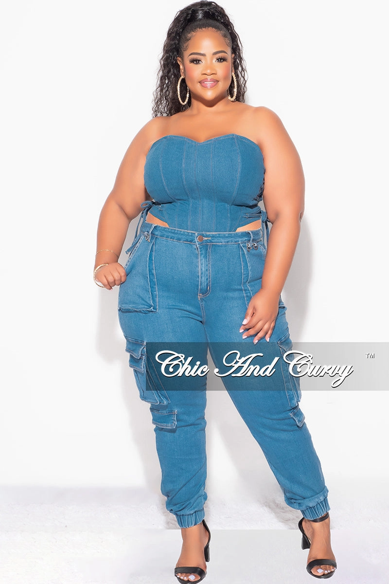 Final Sale Plus Size Corset Top in Denim Adjustable drawstring Quick Layer