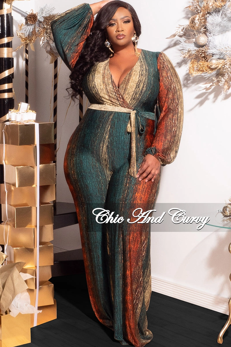 Final Sale Plus Size Deep V Jumpsuit with Tie in Back Gold Zipper in Green Gold and Orange Print Reflective accents VentilatedBack