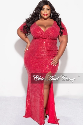 Final Sale Plus Size Evening Gown Deep V Neck Dress in Confetti Dot Knit Sequin in Red Raw Edge Finish