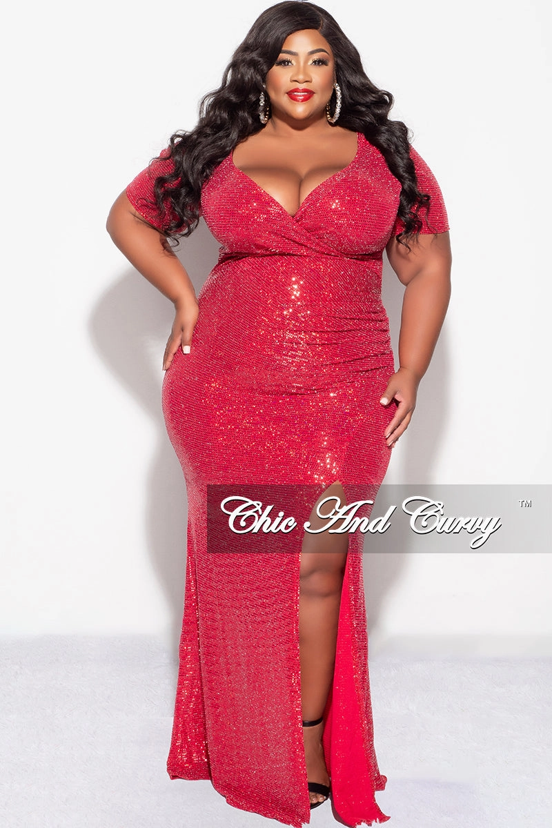 Final Sale Plus Size Evening Gown Deep V Neck Dress in Confetti Dot Knit Sequin in Red Layered Hemline