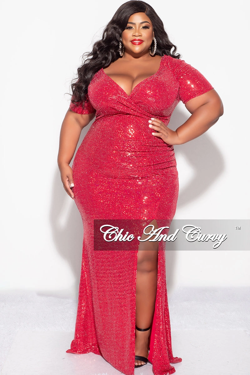 Final Sale Plus Size Evening Gown Deep V Neck Dress in Confetti Dot Knit Sequin in Red Versatile Design Buttery Soft Handfeel