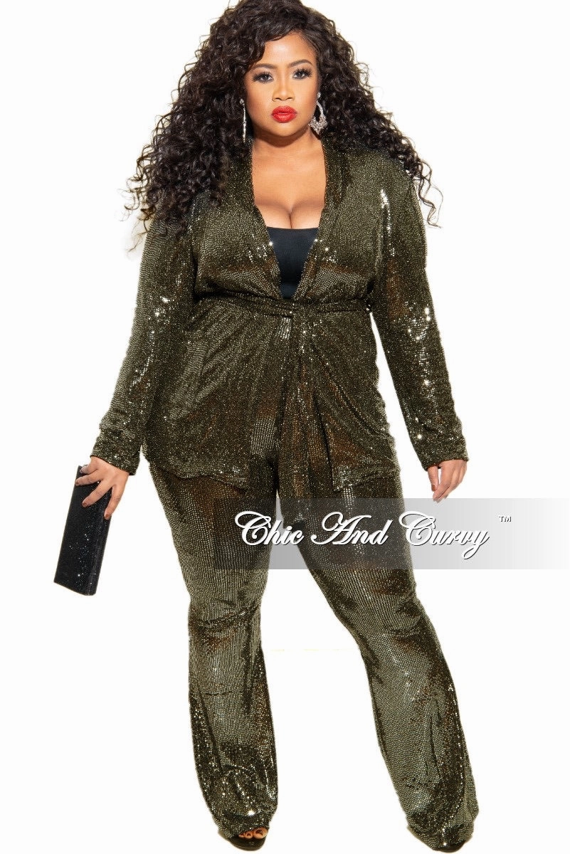 DoubleStitched Hem Reinforced Seams Final Sale Plus Size Faux Sequin 2-Piece Jacket & High Waist Pants Set in Gold