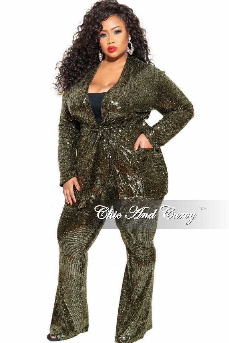 Final Sale Plus Size Faux Sequin 2-Piece Jacket & High Waist Pants Set in Gold ErgonomicShape
