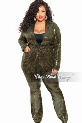 Durable Blend Final Sale Plus Size Faux Sequin 2-Piece Jacket & High Waist Pants Set in Gold