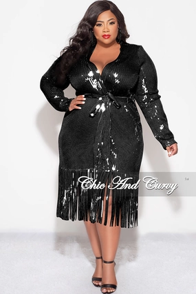 Durable Chainstitch CompressionSupportWeave Final Sale Plus Size Faux Sequin Duster with Belt in Black