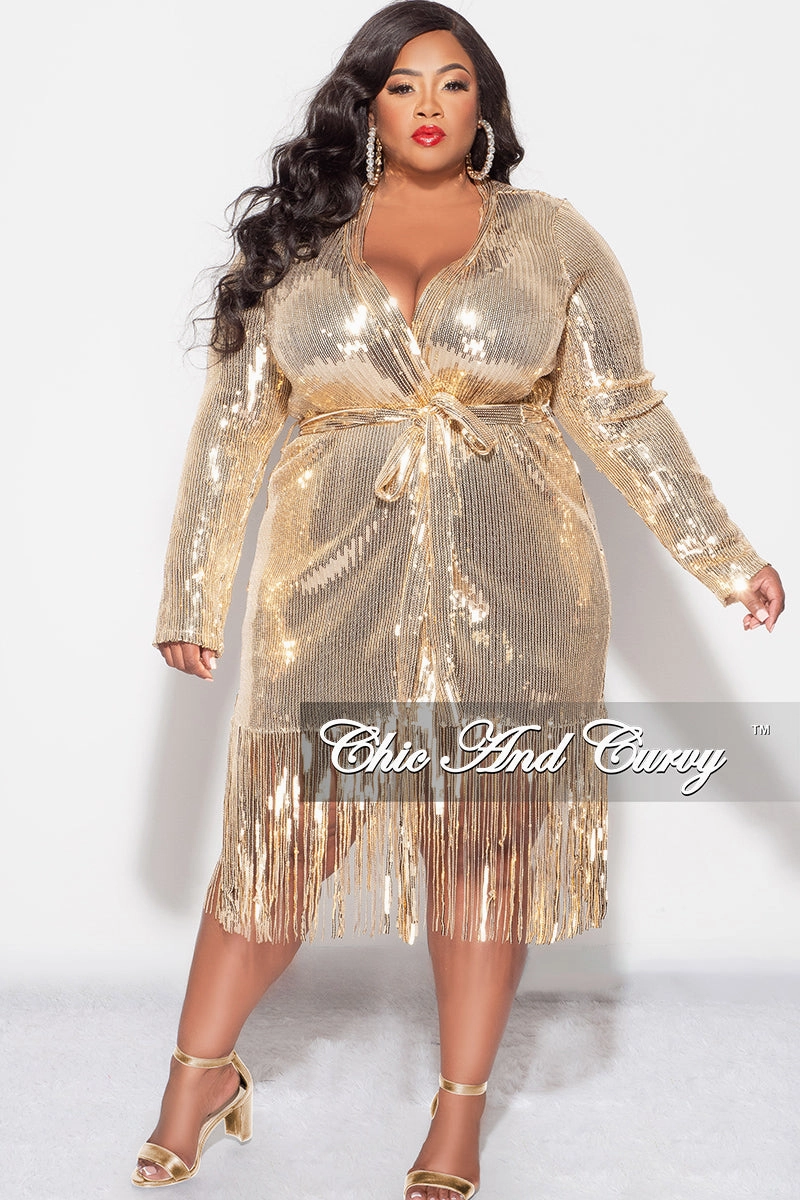 Bonded Seam Tape Final Sale Plus Size Faux Sequin Duster with Belt in Gold