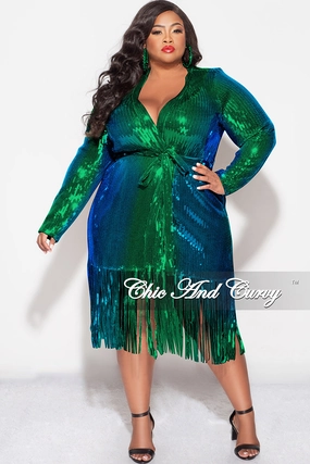 Easy Fit Relaxed Tee Final Sale Plus Size Faux Sequin Mermaid Duster with Belt in Green and Blue