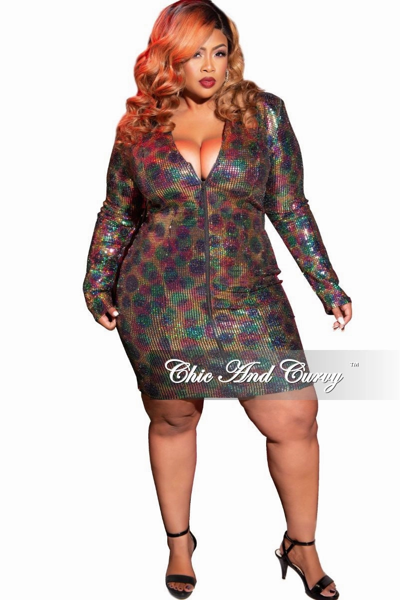 Final Sale Plus Size Faux Sequin Zip-Up Bodycon Dress in Rainbow Print ReflectiveDetails Organic Cotton Fiber