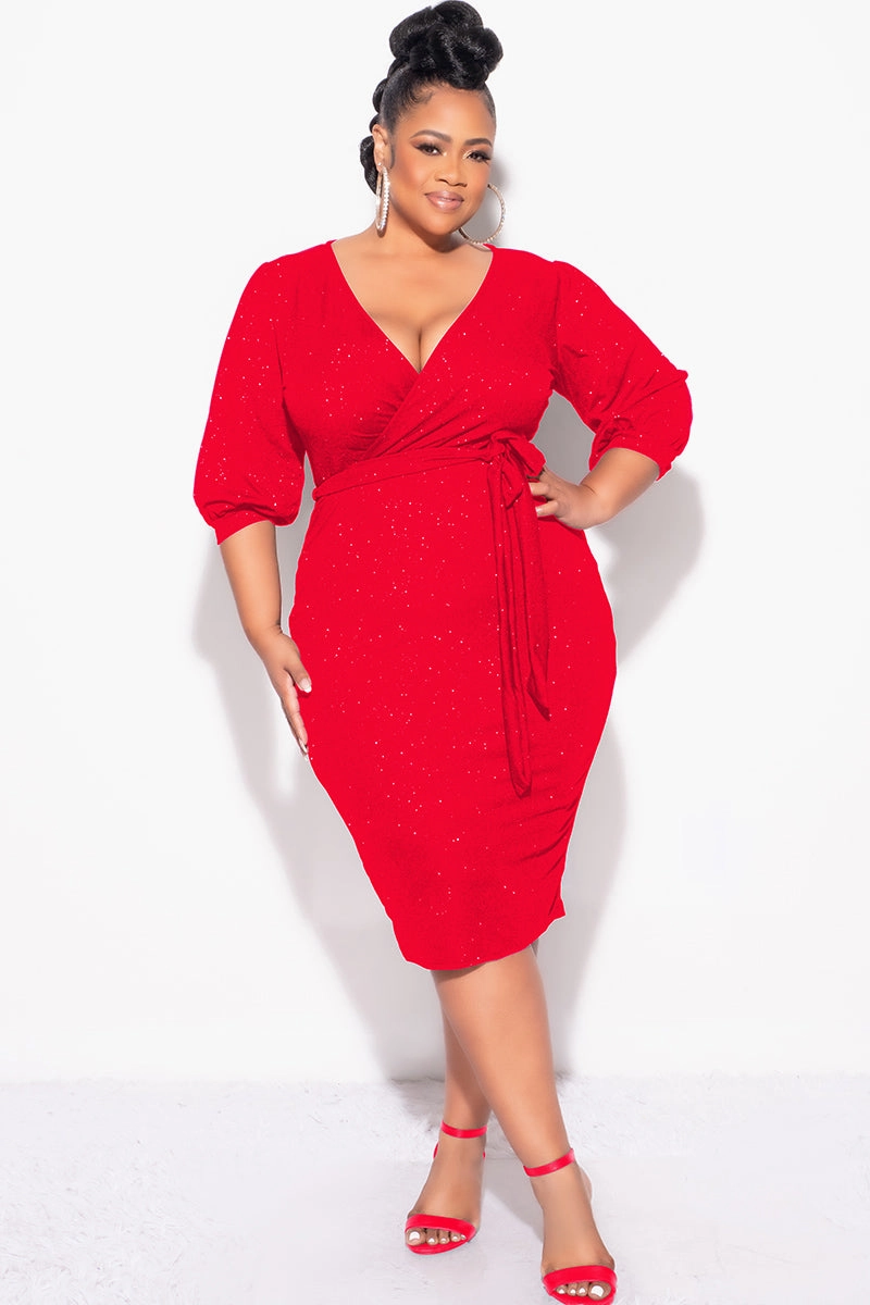FrictionResistant Trim Tear Resistant Final Sale Plus Size Faux Wrap BodyCon Dress with Waist Tie in Red Glitter
