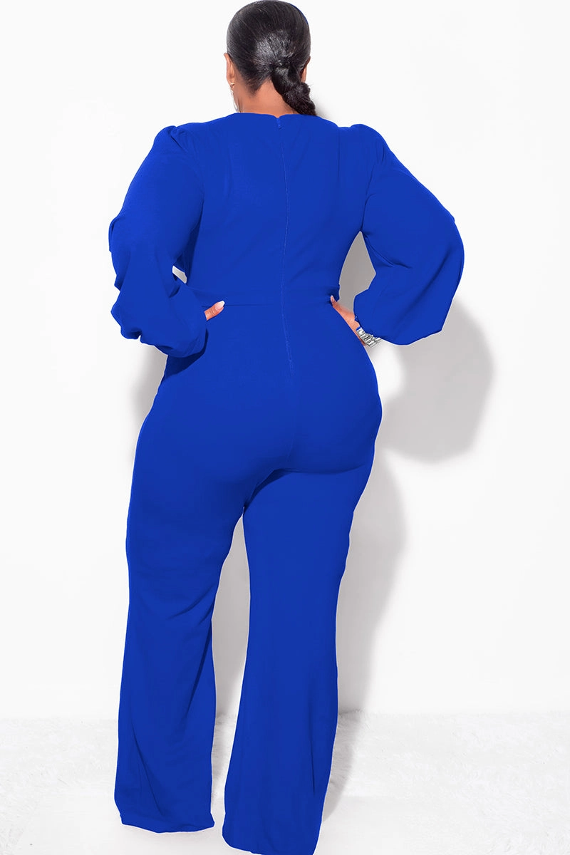 Final Sale Plus Size Faux Wrap Collar Jumpsuit with Sheer Sleeves and Rhinestone Cuffs in Royal Blue Wicking Inner Lining Relaxed Crew Neck Opening