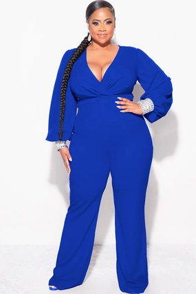 Chic Tee Convertible Style Final Sale Plus Size Faux Wrap Collar Jumpsuit with Sheer Sleeves and Rhinestone Cuffs in Royal Blue