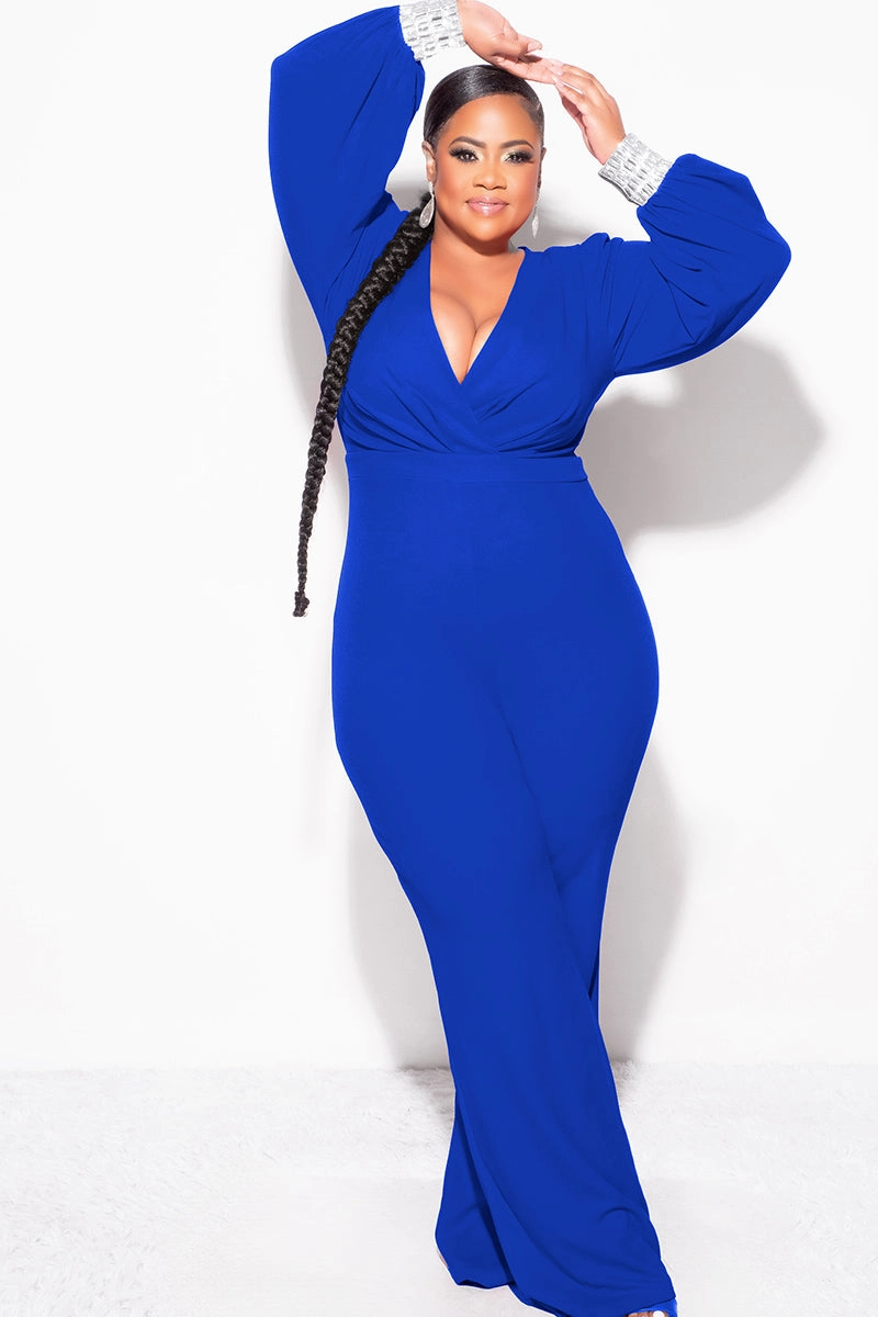 Final Sale Plus Size Faux Wrap Collar Jumpsuit with Sheer Sleeves and Rhinestone Cuffs in Royal Blue MultiPocketDesign