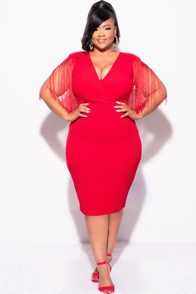 Final Sale Plus Size Faux Wrap Fringe Shoulder BodyCon Dress in Red Stretch Blouse