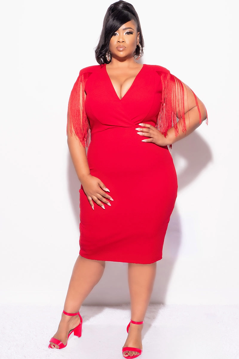 Final Sale Plus Size Faux Wrap Fringe Shoulder BodyCon Dress in Red Loose Blouse