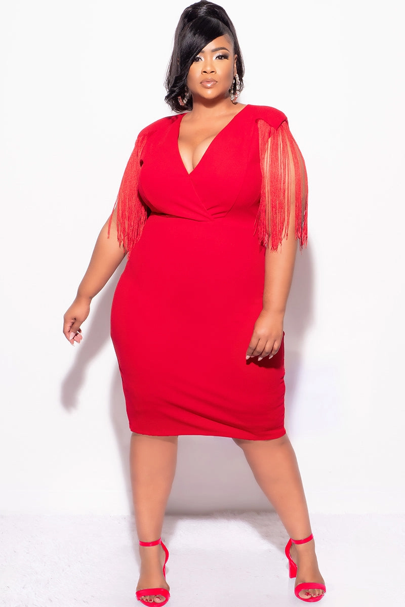 Final Sale Plus Size Faux Wrap Fringe Shoulder BodyCon Dress in Red Hybrid Fabric Blend