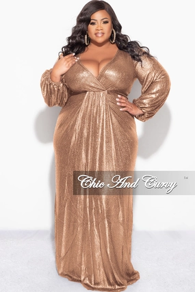 Summer Dress Final Sale Plus Size Faux Wrap Gown with Pleated Waist & Balloon Sleeves in Bronze Metallic Lux Fabric