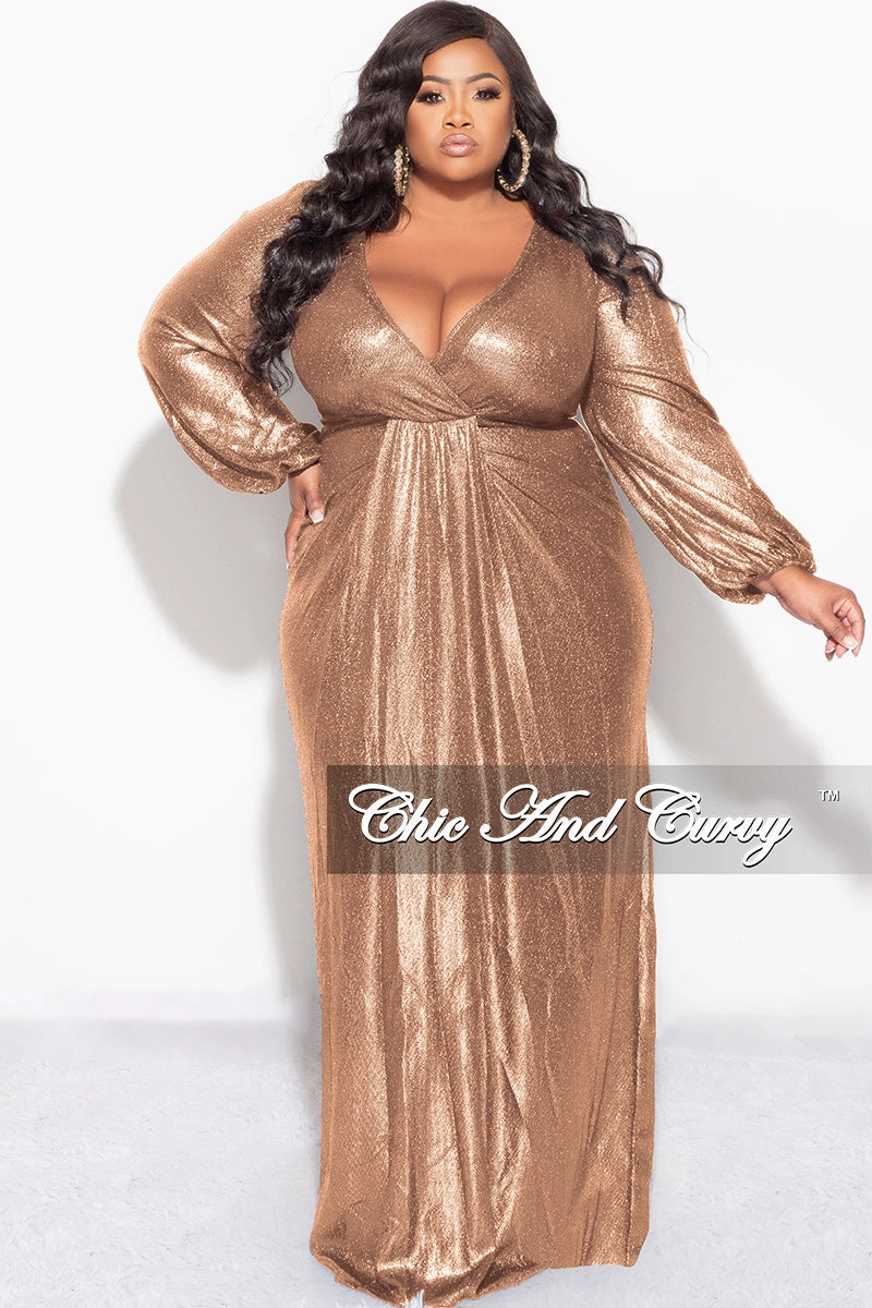 Final Sale Plus Size Faux Wrap Gown with Pleated Waist & Balloon Sleeves in Bronze Metallic Lux Fabric LayeredCollar