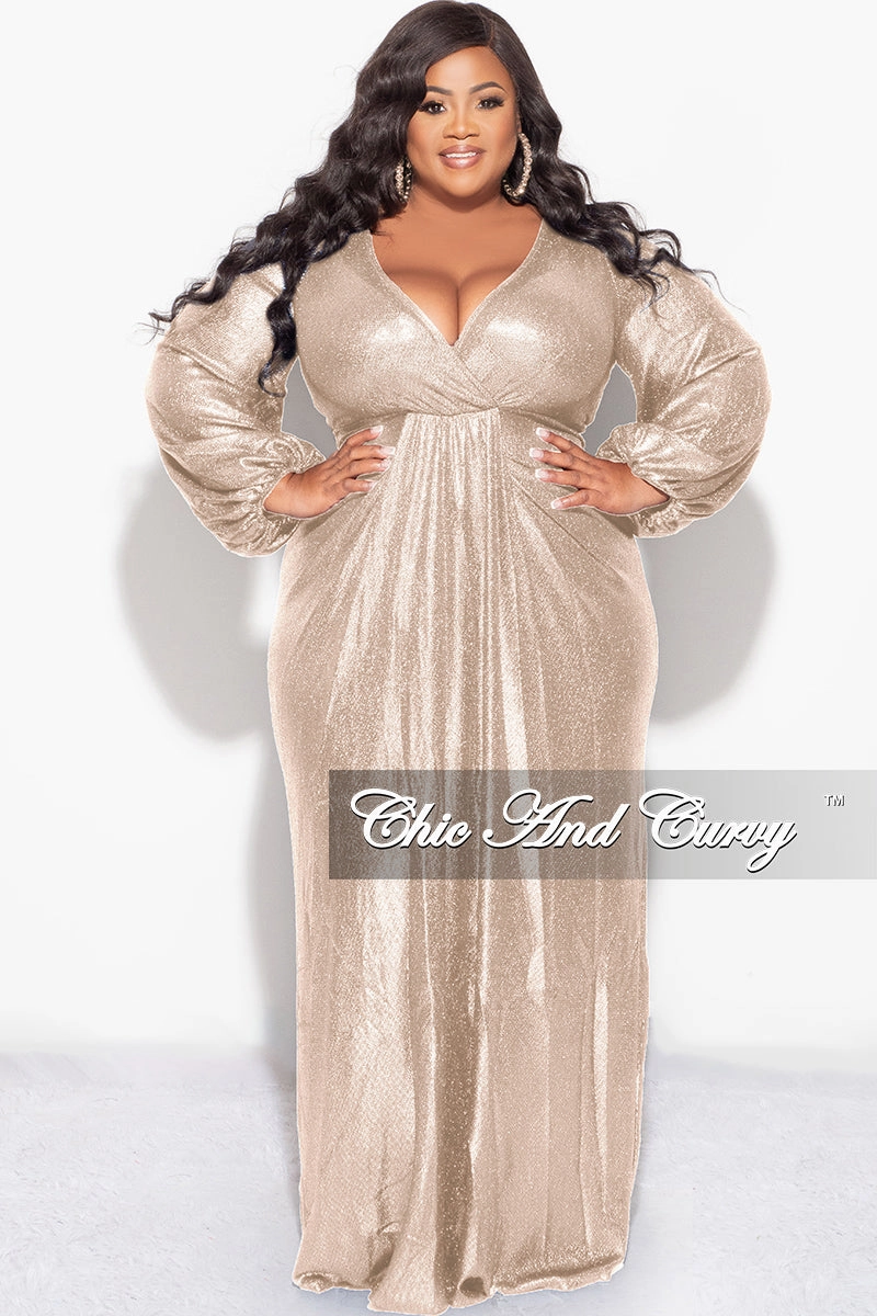 Final Sale Plus Size Faux Wrap Gown with Pleated Waist & Balloon Sleeves in Gold Metallic Lux Fabric Comfortable Style LightweightLayeringSystem