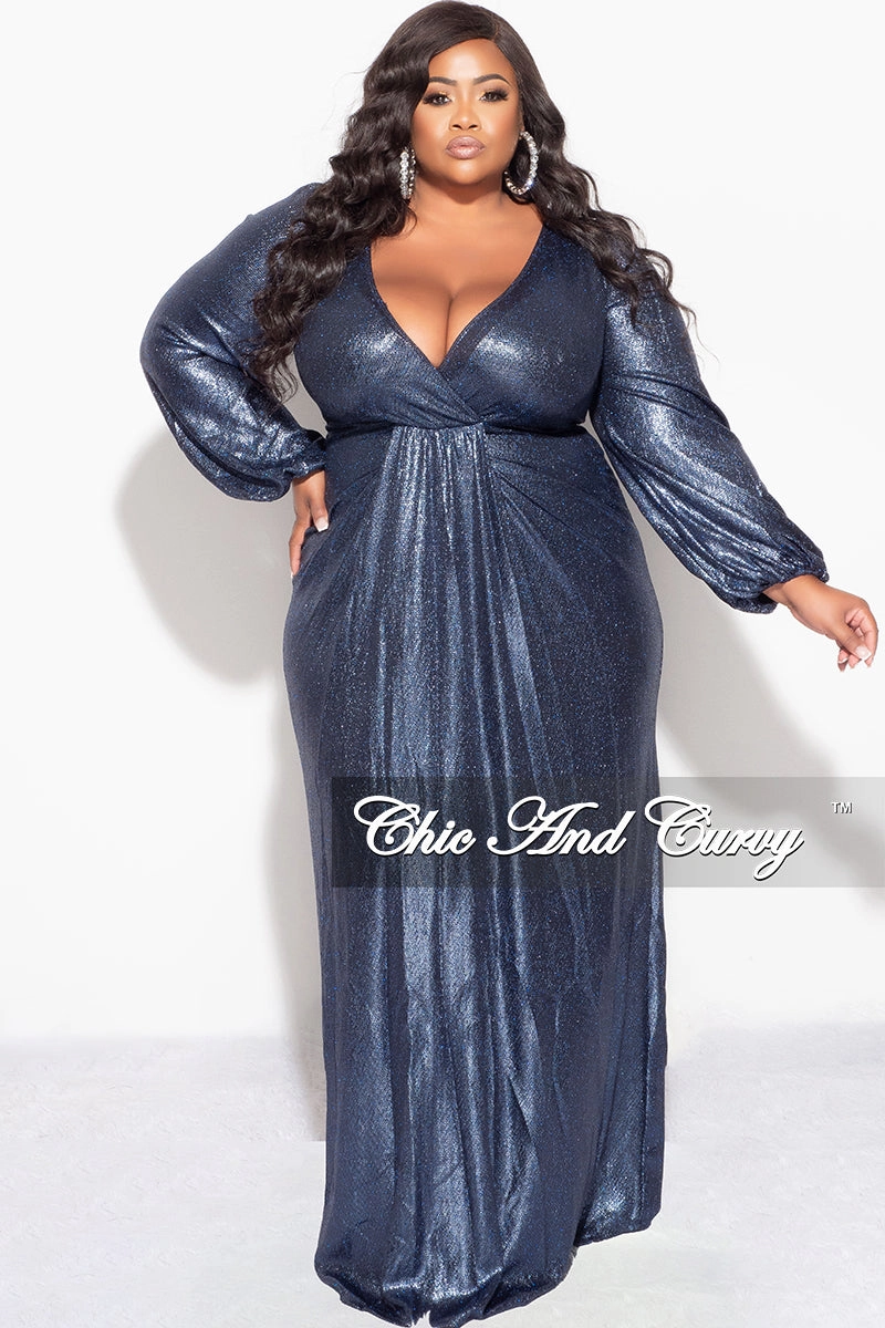 FlexibleCollarStructure Fashionable Look Final Sale Plus Size Faux Wrap Gown with Pleated Waist & Balloon Sleeves in Midnight Blue Metallic Lux Fabric