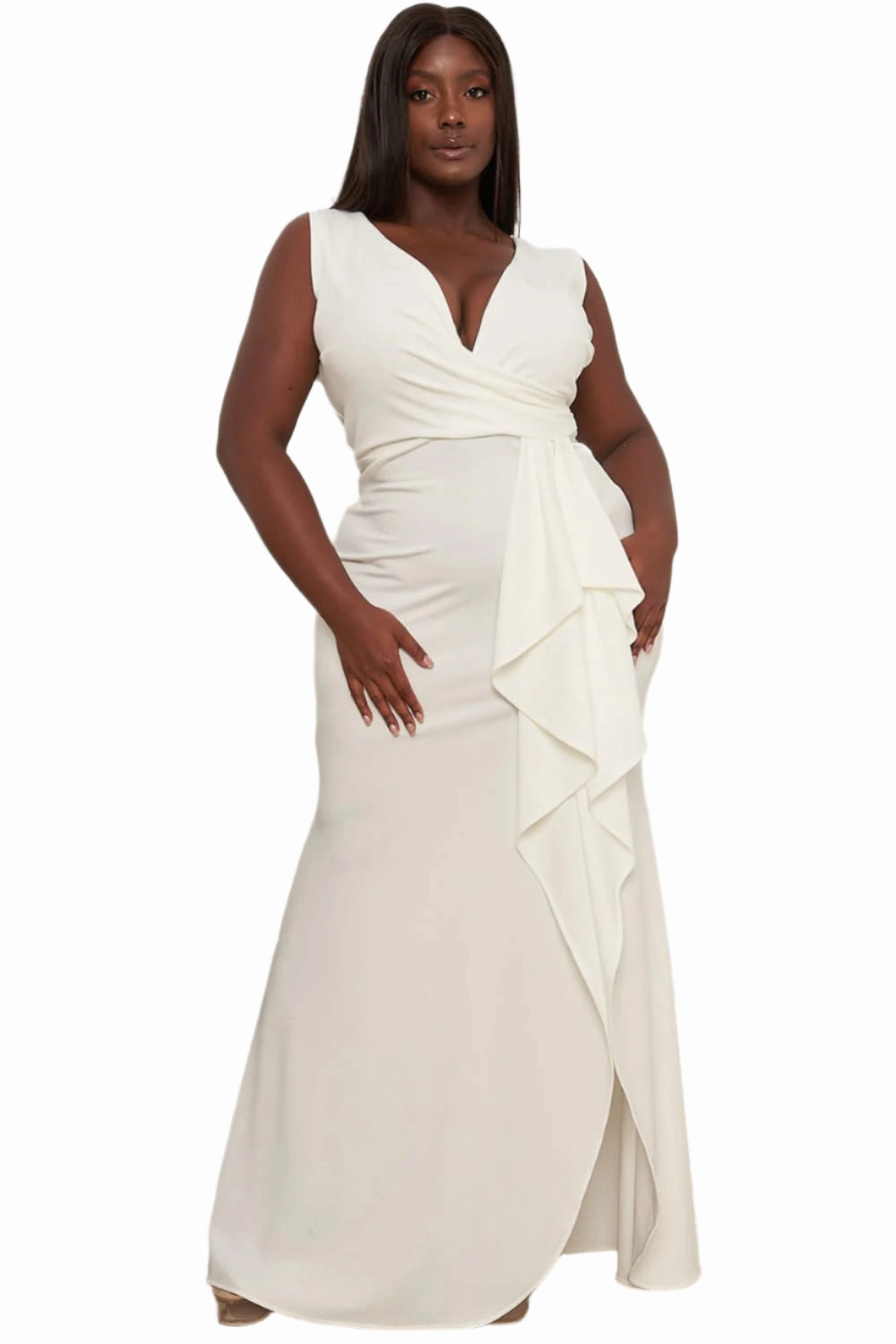 Final Sale Plus Size Faux Wrap Gown with Ruffled Slit in Ivory Tubular Body Construction