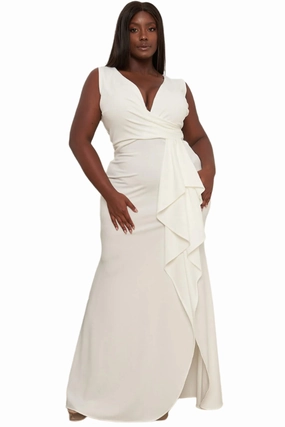 AntiStatic Material TwoToneEffect Final Sale Plus Size Faux Wrap Gown with Ruffled Slit in Ivory