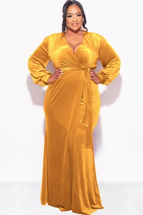 Final Sale Plus Size Faux Wrap Gown with Tie Belt in Dark Mustard Velvet Curved Hemline HighElasticity