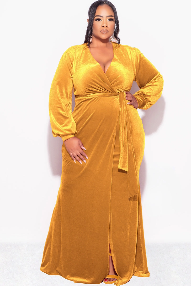 Wide Shoulder Cut Final Sale Plus Size Faux Wrap Gown with Tie Belt in Dark Mustard Velvet