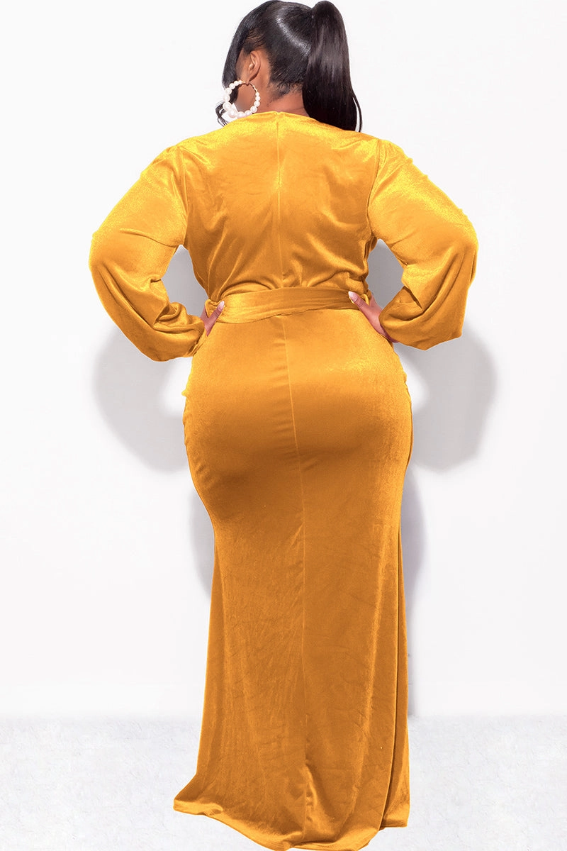 Final Sale Plus Size Faux Wrap Gown with Tie Belt in Dark Mustard Velvet TemperatureRegulating Silicone Print Detail