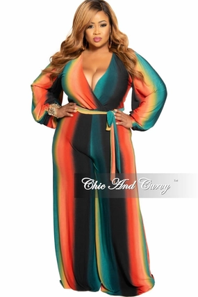 Final Sale Plus Size Faux Wrap Jumpsuit with Attached Tie in Orange Mustard and Teal Ombr?? Snag Free Fabric Anti Fade Technology