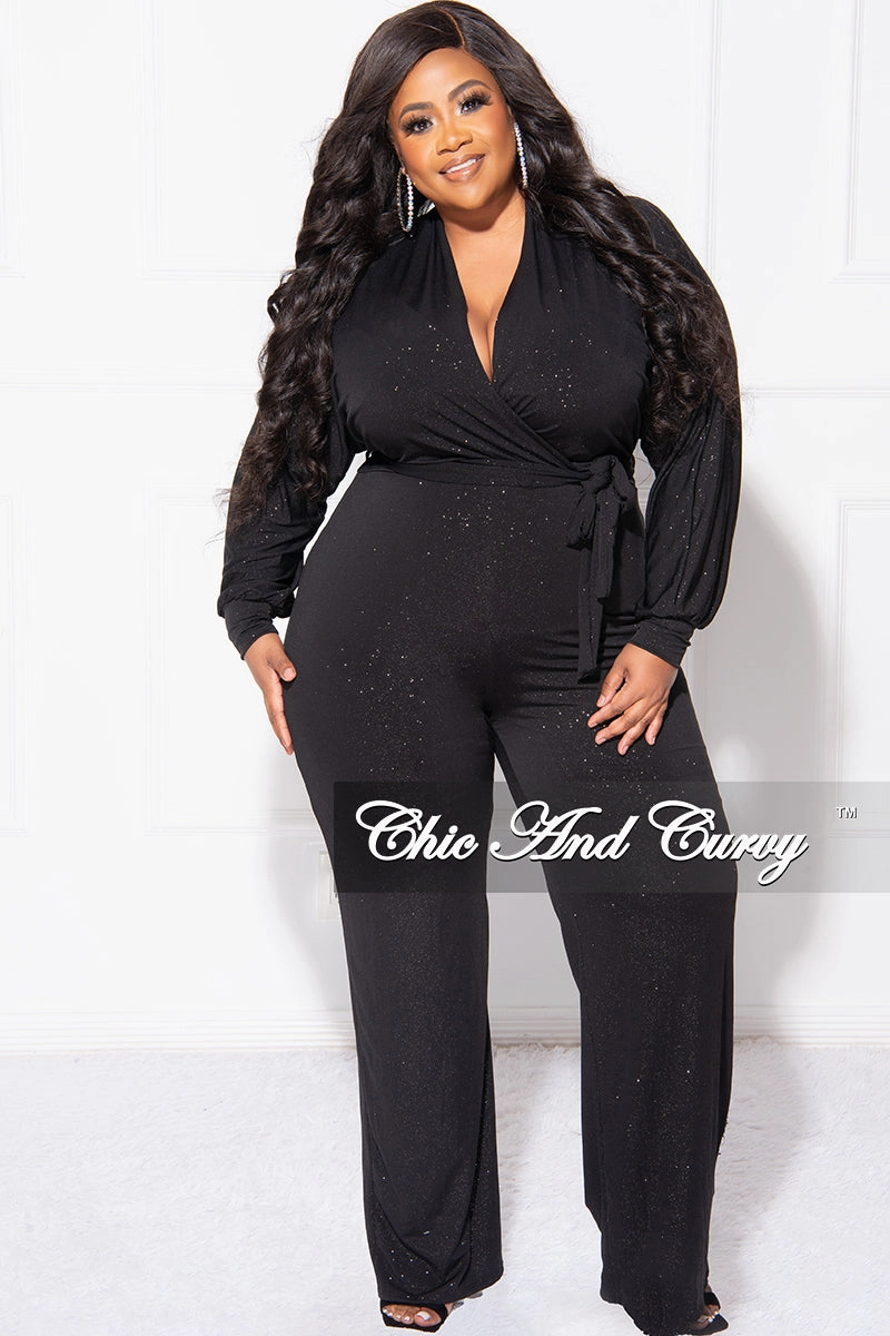 TumbleDryFriendlyMaterial Final Sale Plus Size Faux Wrap Jumpsuit with Tie in Black Glitter