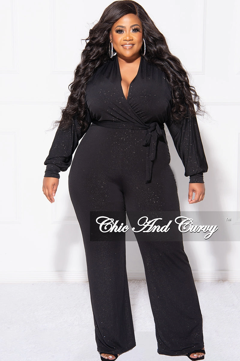 Low Profile Zipper Closure AntiPill Finish Final Sale Plus Size Faux Wrap Jumpsuit with Tie in Black Glitter