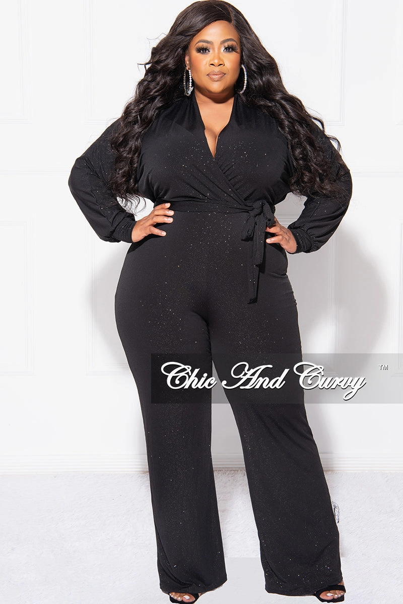 Final Sale Plus Size Faux Wrap Jumpsuit with Tie in Black Glitter SoftTouchFinish Anti Microbial Lining
