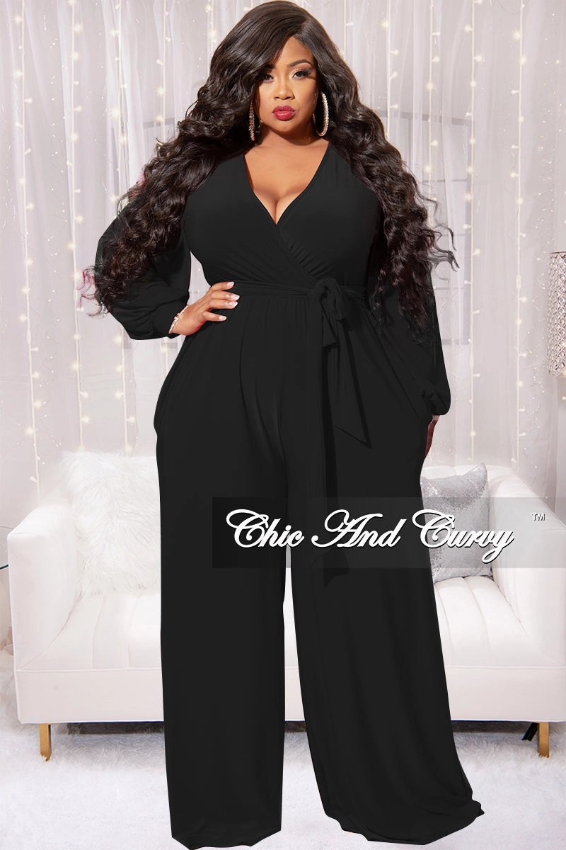 Sustainable Material Blend Final Sale Plus Size Faux Wrap Jumpsuit with Waist Tie in Black