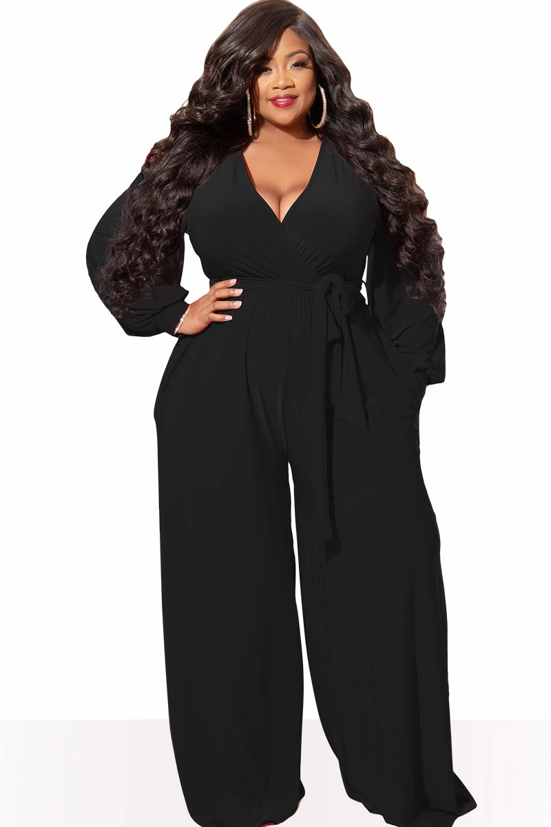 Final Sale Plus Size Faux Wrap Jumpsuit with Waist Tie in Black Eco Friendly Material