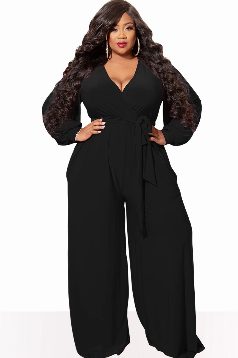 Final Sale Plus Size Faux Wrap Jumpsuit with Waist Tie in Black Multi Panel Cut